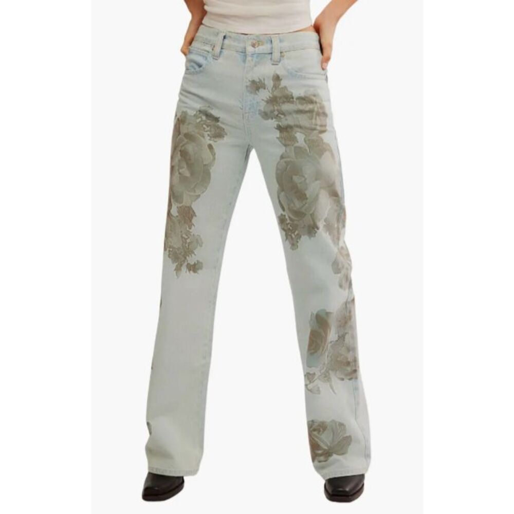 Free People Light Blue Floral Straight Leg Jeans